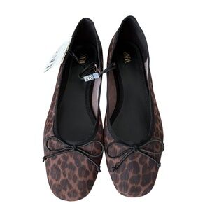 NWT ZARA Mesh Animal Print Round-toe Bow Ballet Flats Sz US6.5 Fall Blogger Fave